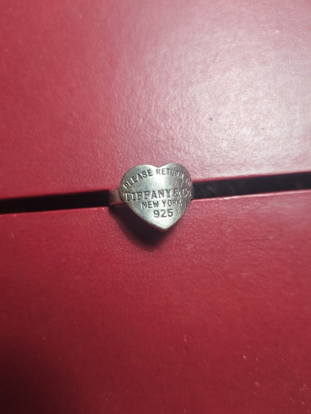 Tiffany & Co. Sterling Silver Heart Tag Ring on Red
